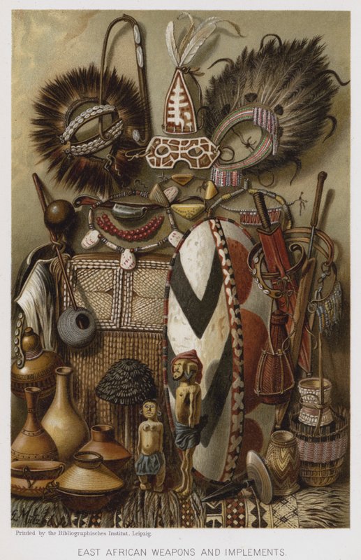 Broń i narzędzia z Afryki Wschodniej (chromolitho) autorstwa European School