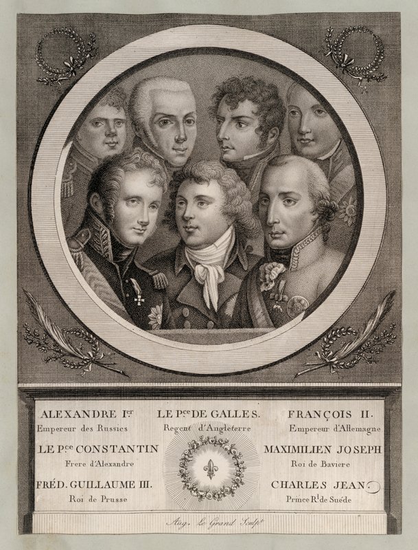 Europejska rodzina królewska początku XIX wieku: Car Rosji Aleksander I; Jerzy, książę Walii, regent króla Jerzego III; Franciszek II, Święty Cesarz Rzymski; Wielki Książę Rosji Konstanty Pawłowicz; Maksymilian Józef, król Bawarii i elektor Pa autorstwa European School