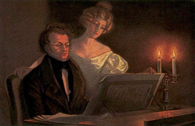 Franz Schubert przy fortepianie (kolorowa litografia) autorstwa European School