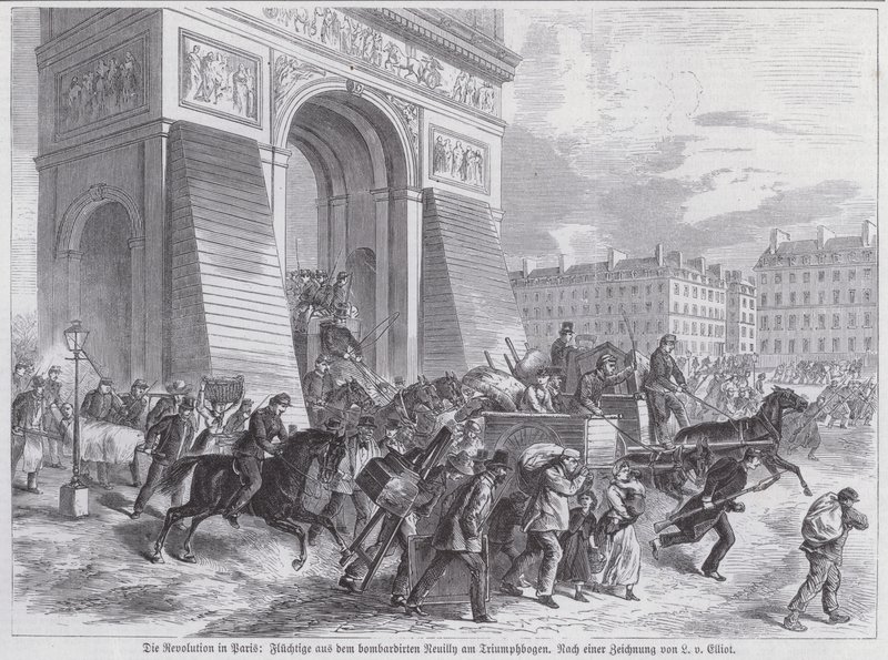 Uciekinierzy z bombardowania Neuilly przez armię francuską przechodzącą przez Łuk Triumfalny, Komuna Paryska, kwiecień 1871 (rycina) autorstwa European School