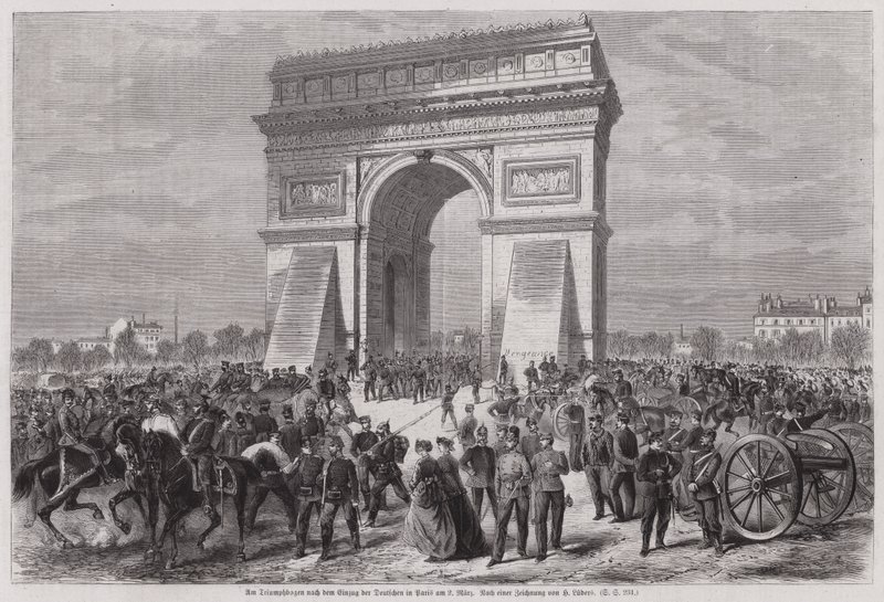 Żołnierze niemieccy pod Łukiem Triumfalnym, Paryż, po zwycięstwie w wojnie francusko-pruskiej, 2 marca 1871 (rycina) autorstwa European School