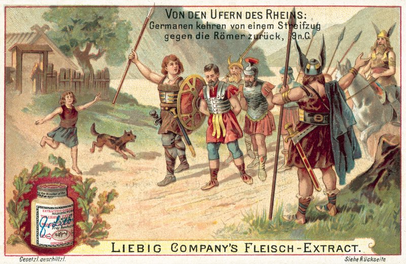 Germańscy wojownicy powracający z najazdu na Rzymian, 9 AD (chromolitho) autorstwa European School