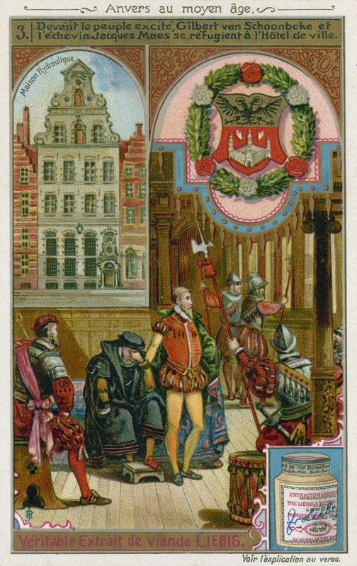 Gilbert van Schoonbeke i emeryt Jacob Maes chronią się przed ludnością w ratuszu, XVI wiek autorstwa European School