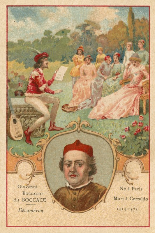 Giovanni Boccaccio, włoski pisarz i poeta oraz scena z Dekameronu autorstwa European School