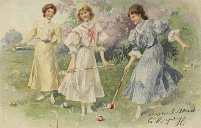 Dziewczynki grające w krokieta (chromolitho) autorstwa European School