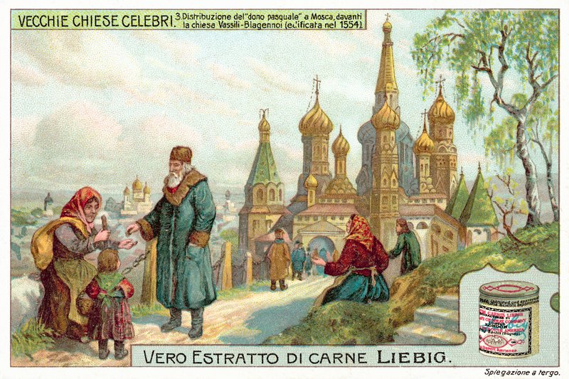 Wręczanie jałmużny wielkanocnej przed Soborem Wasyla Błogosławionego w Moskwie (chromolitho) autorstwa European School