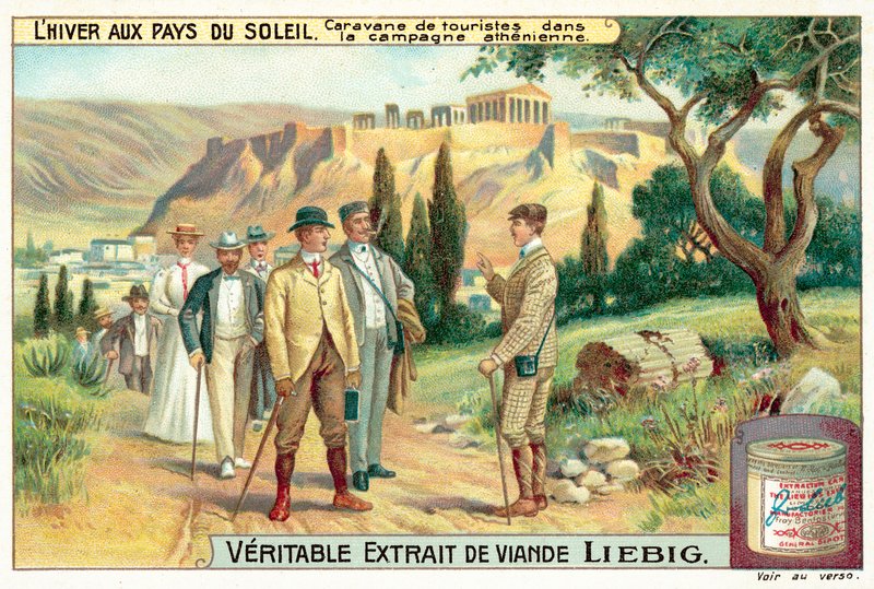 Grupa turystów na ateńskiej wsi (chromolitho) autorstwa European School