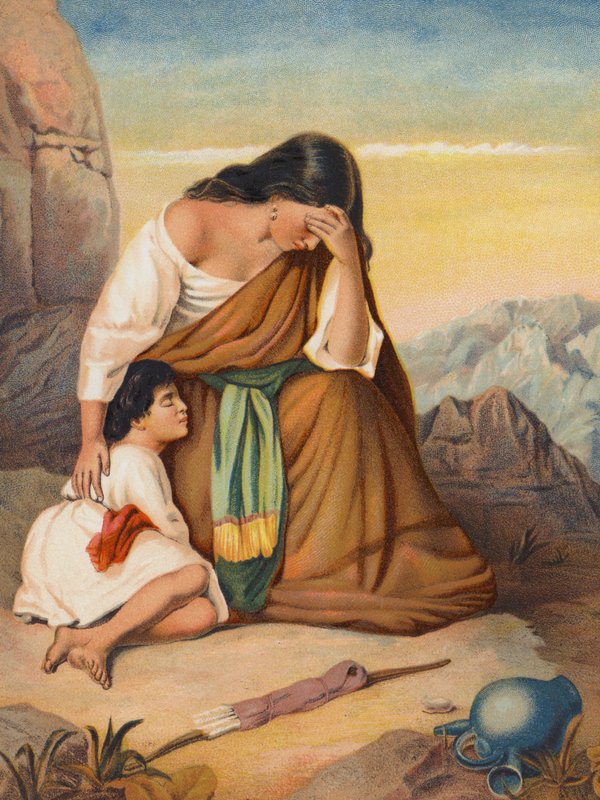 Hagar i Izmael (kolorowa litografia) autorstwa European School