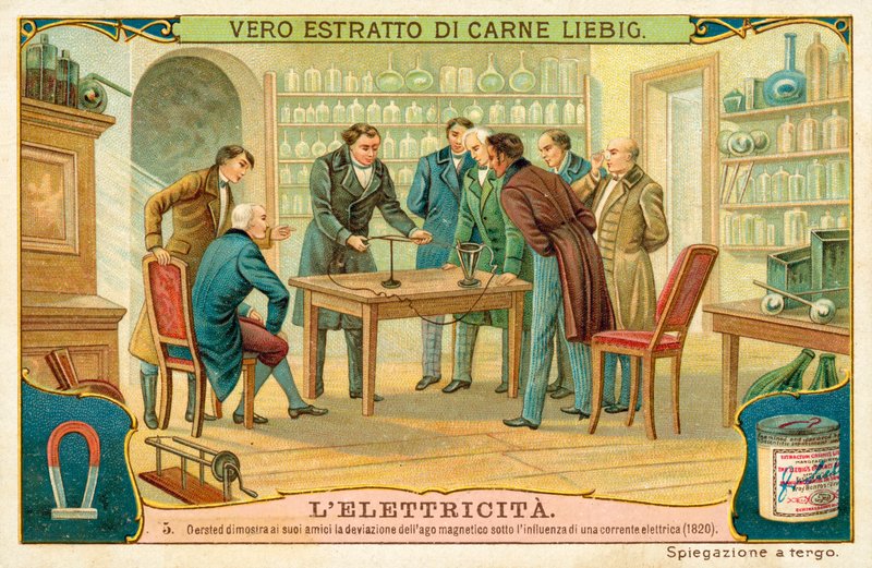 Hans Christian Oersted pokazuje swoim przyjaciołom odchylenie igły magnetycznej pod wpływem prądu elektrycznego, 1820 autorstwa European School