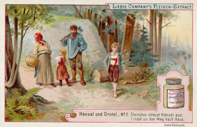 Jaś i Małgosia: Jaś zostawiający ślad kamyków, aby znaleźć drogę do domu (chromolitho) autorstwa European School
