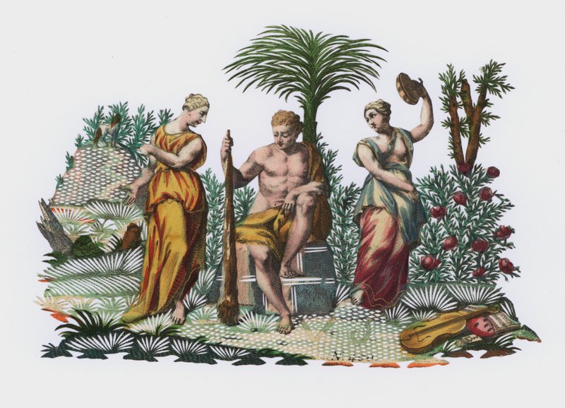 Herakles w ogrodzie (kolorowy grawerunek) autorstwa European School