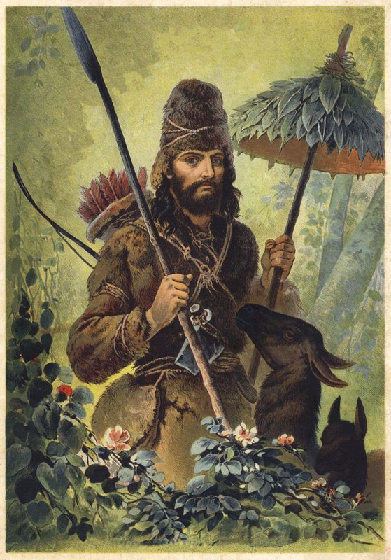 Ilustracja do filmu Robinson Crusoe (kolorowa litografia) autorstwa European School