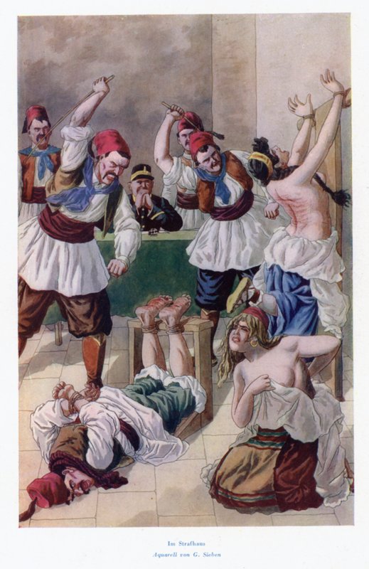 W domu kary: bicie dwóch kobiet i mężczyzny (kolorowa litografia) autorstwa European School