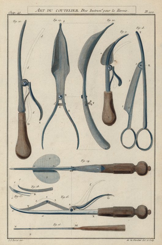 Instrumenty do operacji przepukliny (kolorowe grawerowanie) autorstwa European School