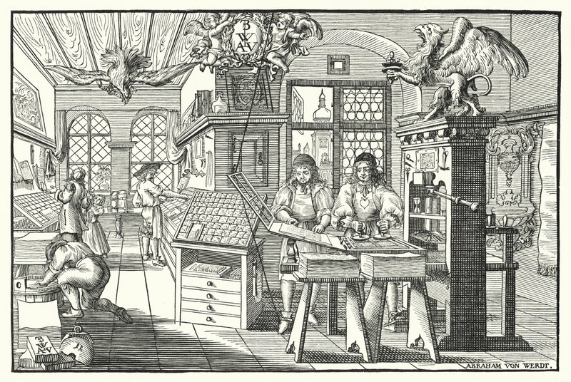 Wnętrze warsztatu drukarza książek, c1676 (grafika) autorstwa European School