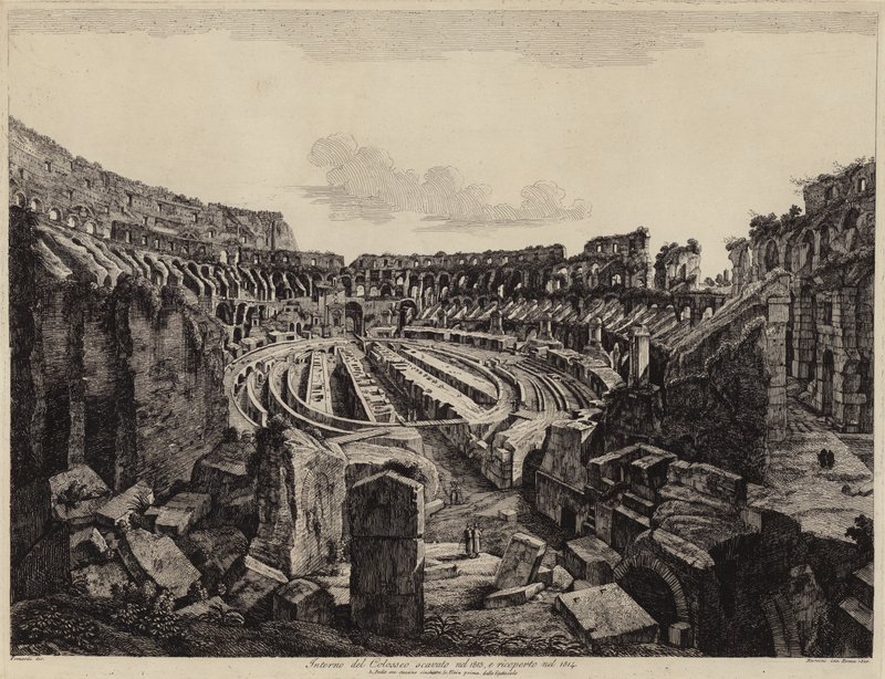 Wnętrze Koloseum w Rzymie, odkopane w 1813 r. i otwarte w 1814 r. (grafika) autorstwa European School