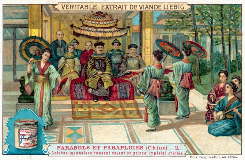 Japońskie gejsze tańczą dla chińskiego księcia (chromolitho) autorstwa European School