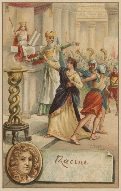 Jean Racine, francuski dramaturg, i scena z jego sztuki Athalie (1691) autorstwa European School