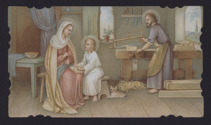 Jezus Chrystus jako chłopiec z matką Marią w stolarni Józefa (chromolitho) autorstwa European School