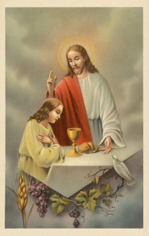 Jezus Chrystus błogosławiący dziewczynkę przyjmującą Komunię Świętą (kolorowa litografia) autorstwa European School