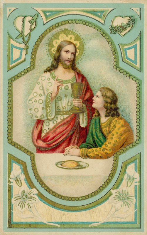 Jezus Chrystus błogosławiący mężczyznę przyjmującego Komunię Świętą (chromolitografia) autorstwa European School