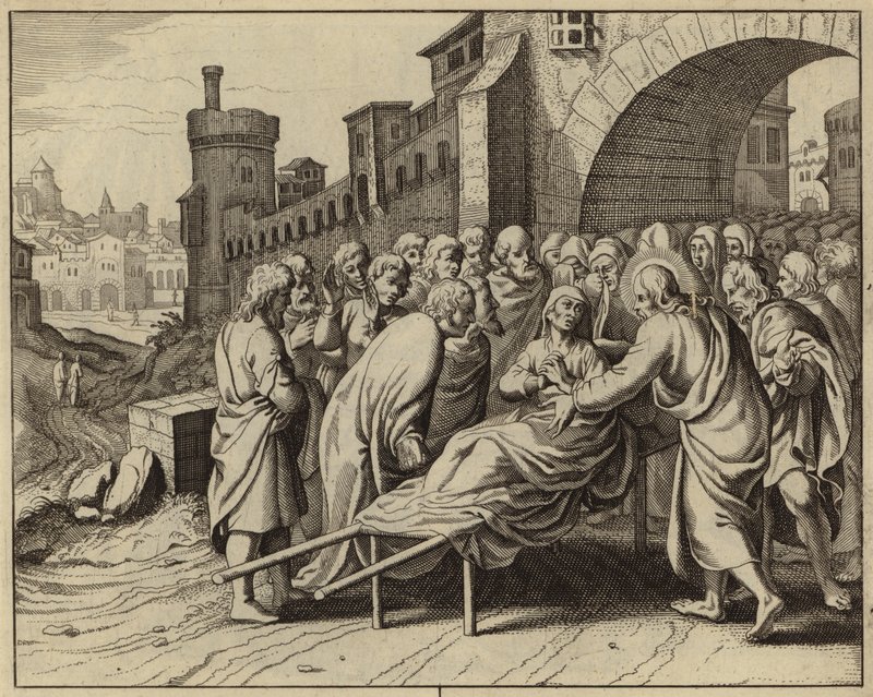 Jezus Chrystus wskrzeszający syna wdowy z Nain (rycina) autorstwa European School