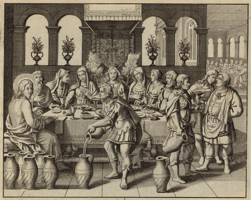 Jezus Chrystus zamienia wodę w wino na weselu w Kanie (rycina) autorstwa European School