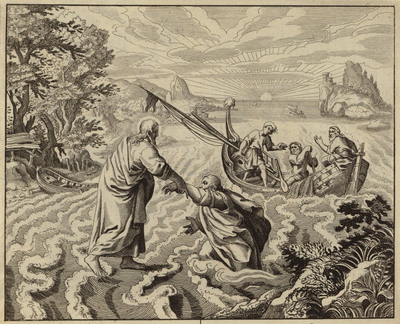 Jezus Chrystus spacerujący po Jeziorze Galilejskim (rycina) autorstwa European School