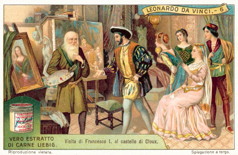 Król Francji Franciszek I z wizytą u Leonarda da Vinci w Clos Luce (chromolitho) autorstwa European School