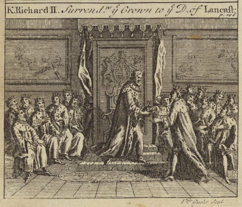 Król Ryszard II poddający koronę Anglii Henrykowi Bolingbroke, księciu Lancaster, 1399 autorstwa European School