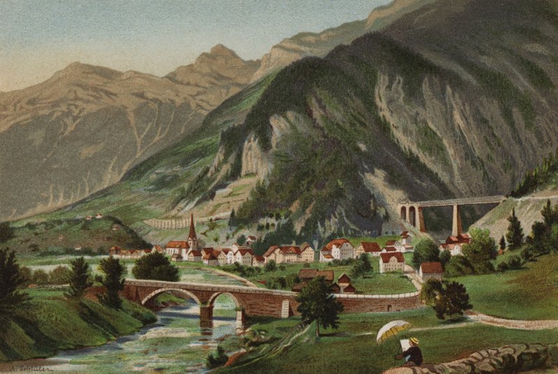 Jezioro Czterech Kantonów: Amsteg (litografia kolorowa) autorstwa European School