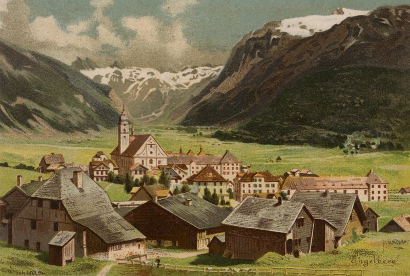 Jezioro Czterech Kantonów: Engelberg (kolorowa litografia) autorstwa European School