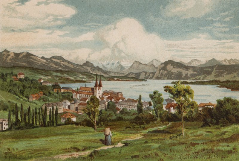 Jezioro Czterech Kantonów: Lucerna (kolorowa litografia) autorstwa European School
