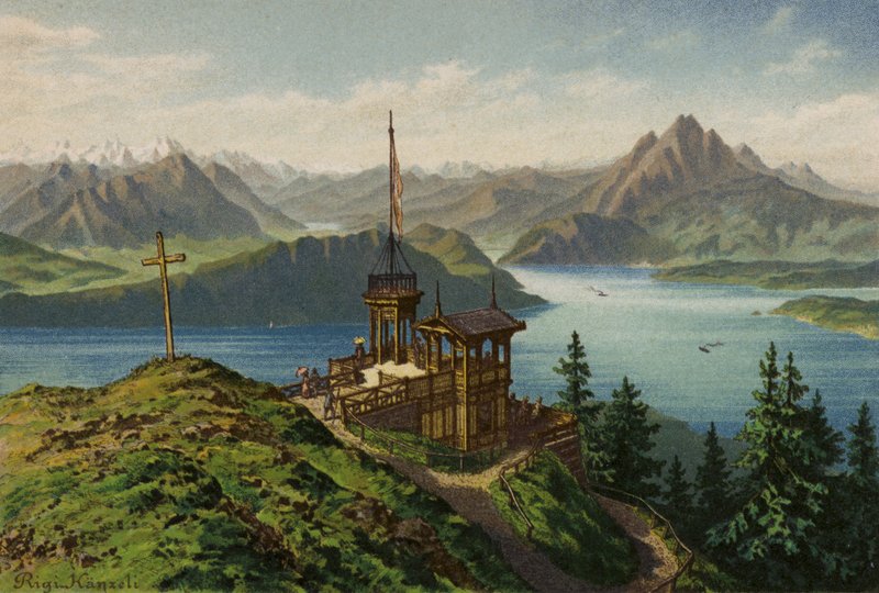 Jezioro Czterech Kantonów: Rigi-Kanzeli (kolorowa litografia) autorstwa European School