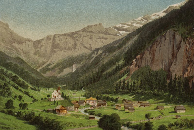Jezioro Czterech Kantonów: Unterschachen (kolorowa litografia) autorstwa European School