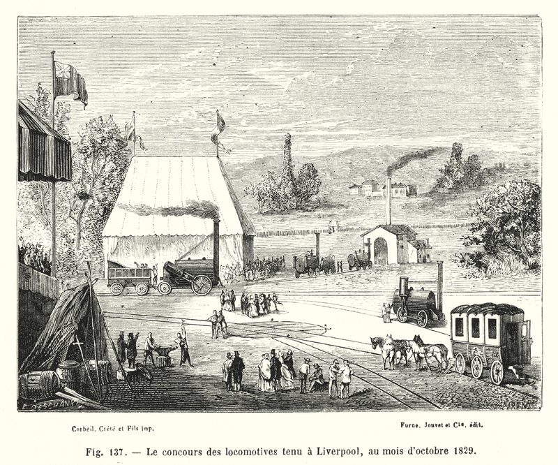 Konkurs lokomotyw, który odbył się w Liverpoolu, październik 1829 (grafika) autorstwa European School