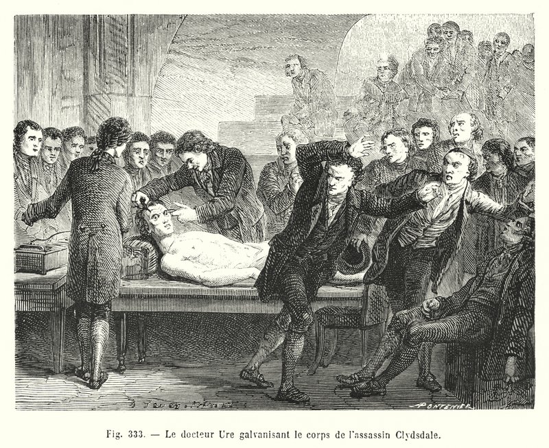 Doktor Ure galwanizuje ciało zabójcy Clydesdale (grawerowanie) autorstwa European School