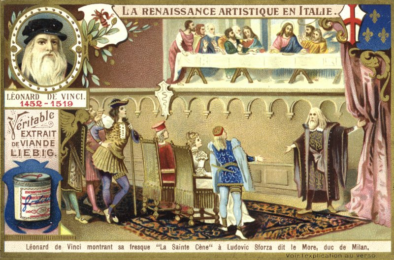 Leonardo da Vinci pokazuje swój fresk Ostatniej Wieczerzy Ludovico Sforzie, księciu Mediolanu autorstwa European School
