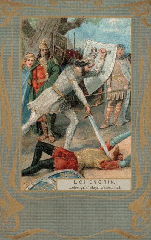 Lohengrin zabija Telremunda (kolorowa litografia) autorstwa European School
