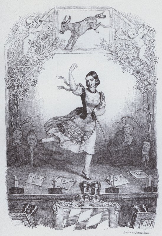 Lola Montez Tańcząc historię Bawarii (litografia) autorstwa European School
