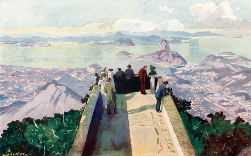 Spojrzenie w dół ze wschodniej krawędzi szczytu Corcovado, 2,300 stóp (kolorowa litografia) autorstwa European School