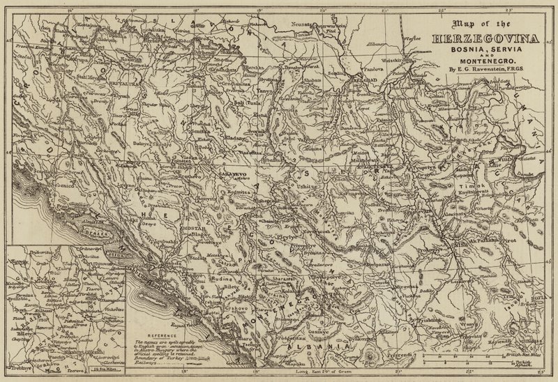 Mapa Hercegowiny, Bośni, Serbii i Czarnogóry (grawerowanie) autorstwa European School