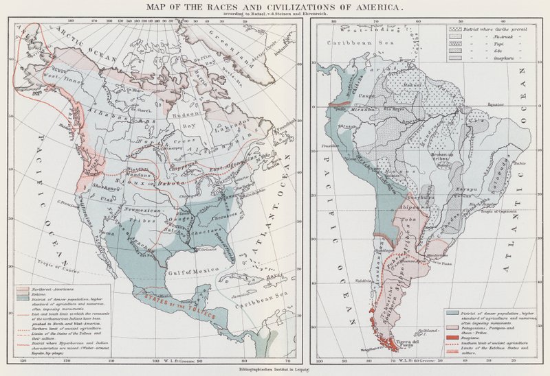 Mapa ras i cywilizacji Ameryki (kolorowa litografia) autorstwa European School