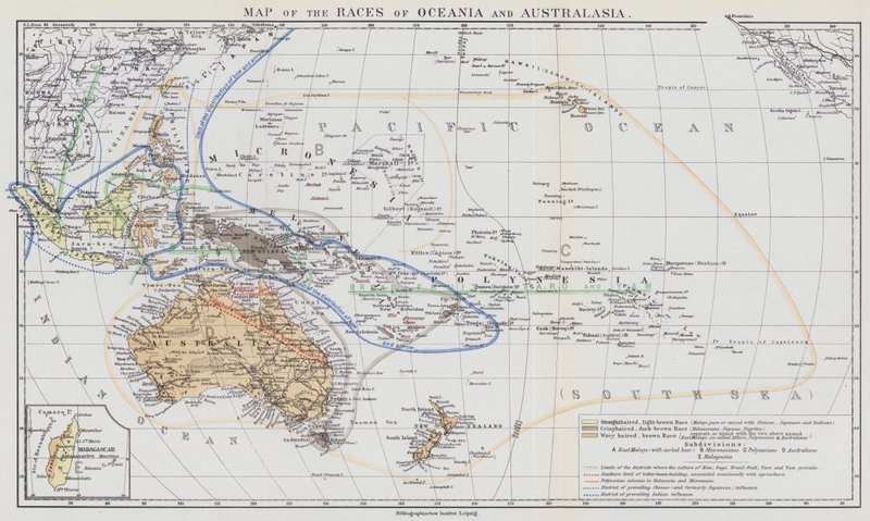 Mapa ras Oceanii i Australazji (kolorowa litografia) autorstwa European School