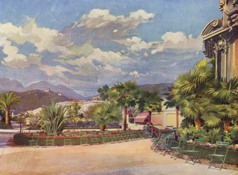 Menton, kiosk muzyczny i nowy ogród (kolorowa litografia) autorstwa European School