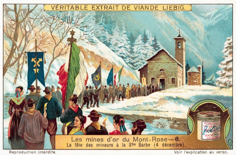Górnicy kopalni złota Monte Rosa obchodzący święto św. Barbary, patronki górników (chromolitho) autorstwa European School