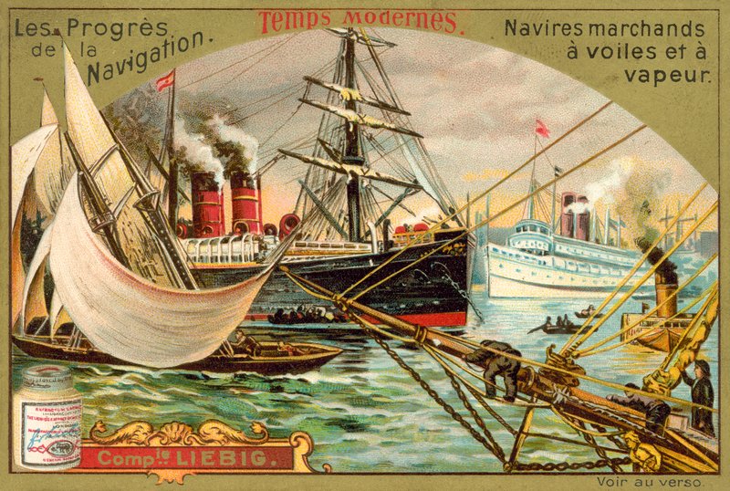 Nowoczesne statki handlowe żaglowe i parowe (chromolitho) autorstwa European School