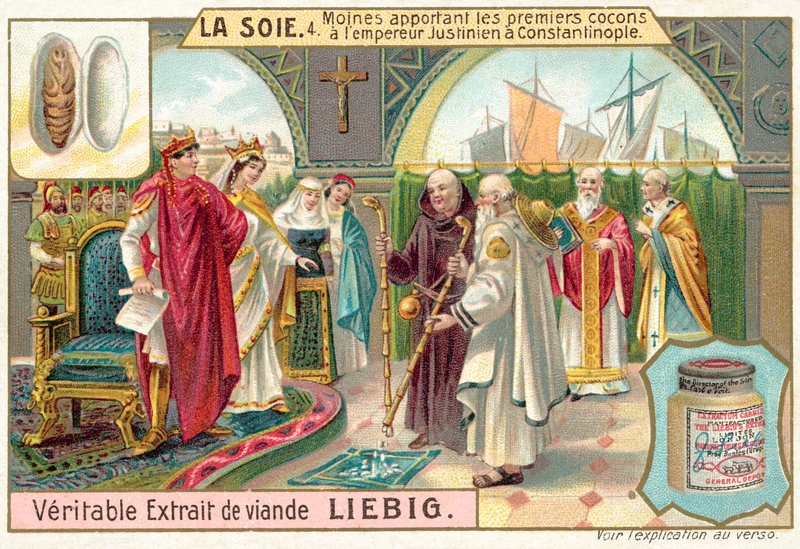 Mnisi przynoszący pierwsze jedwabne kokony cesarzowi Justynianowi w Konstantynopolu (chromolitho) autorstwa European School