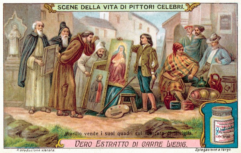 Murillo sprzedaje swoje obrazy na targu w Sewilli (chromolitho) autorstwa European School