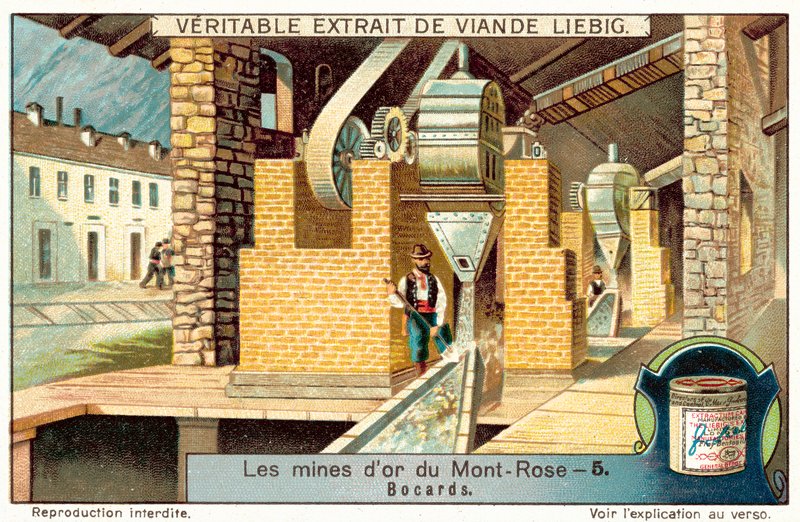 Młyn rudy w kopalniach złota Monte Rosa, Włochy (chromolitho) autorstwa European School